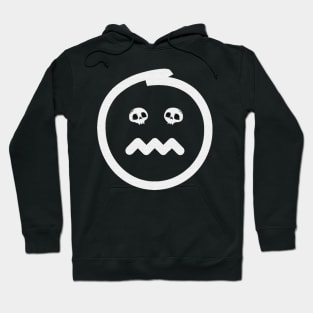 Angry emoji with skulls as eyes. Textured sad emoji face in white color on black background. Hoodie